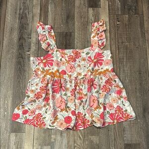 Floral Ruffle Strap Tank Top - Pink and White